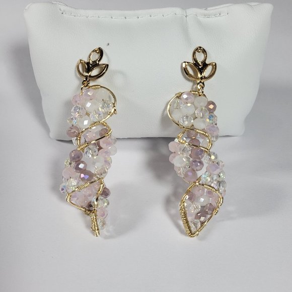 18K GOLD PLATED EARRINGS WITH PINK CRYSTALS - Picture 1 of 6